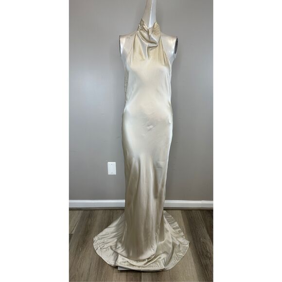 NWT Amanda Uprichard Cowl Halter Neck Open Back Silk Rainier Gown Chalk Medium $ - Picture 5 of 12